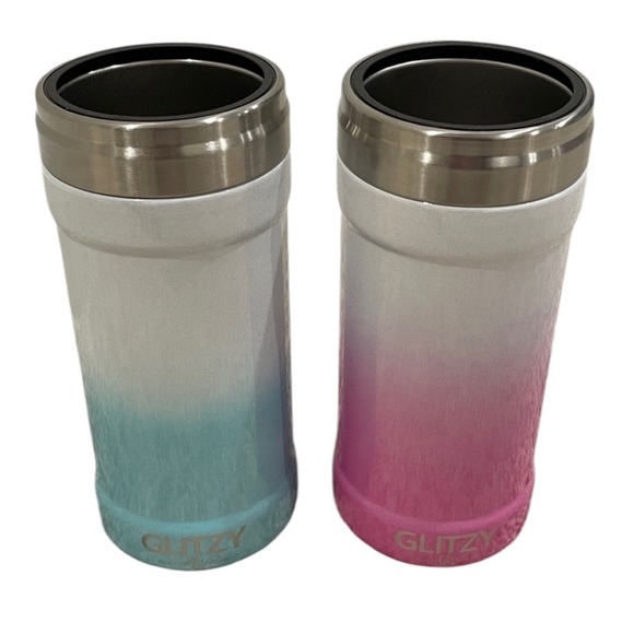 Two Glitzy 12 oz Can Cooler in Blue Teal Pink Sparkle Ombré Skinny Can Fit Shiny - Picture 7 of 16